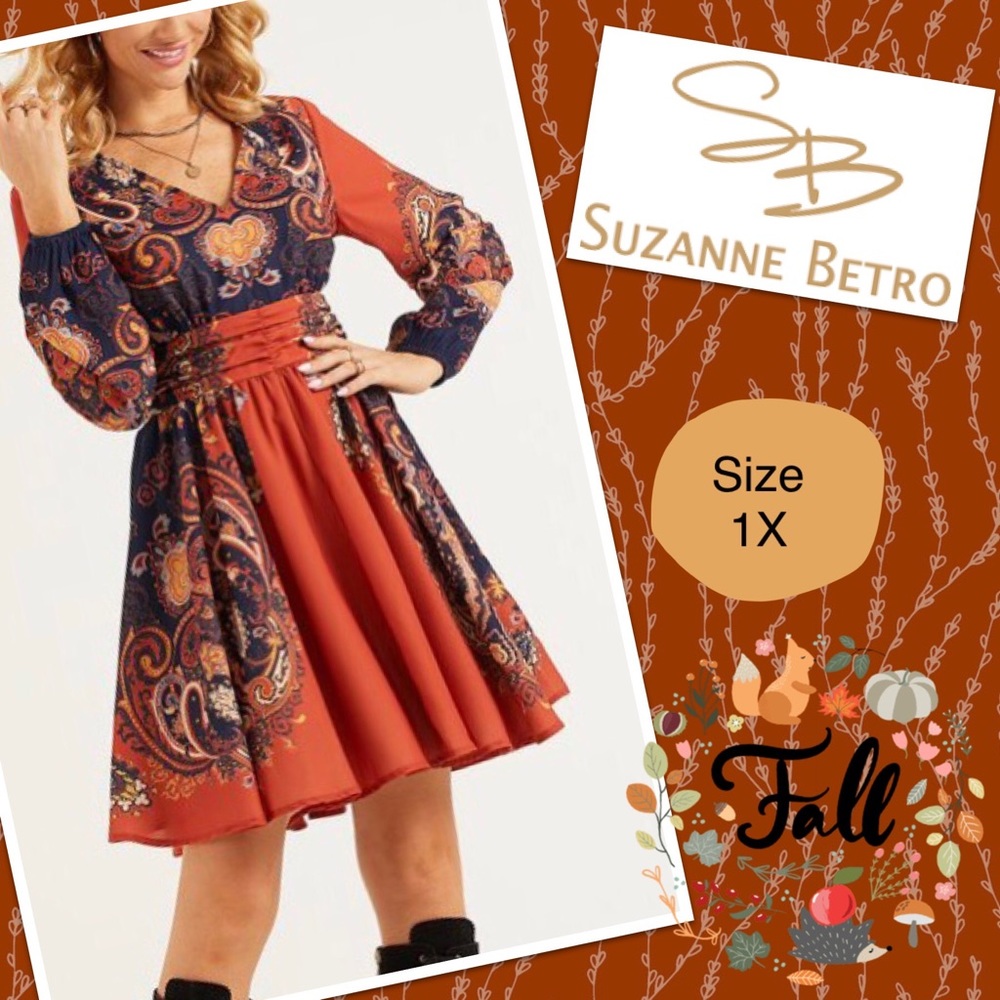 Rust Paisley Contrast Bishop Sleeve A-Line Dress NEW 1X 14